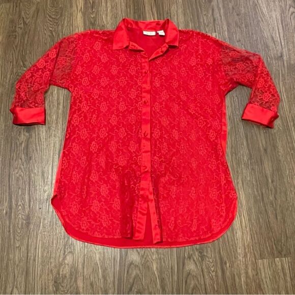 Vintage Victoria’s Secret Gold Label Lace  Front Button Up Sleep Shirt Red Large - Picture 9 of 12